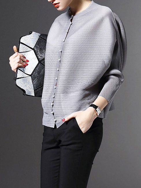 Round Neck Straight Date Night Plain Button Jacket (Style V101335)