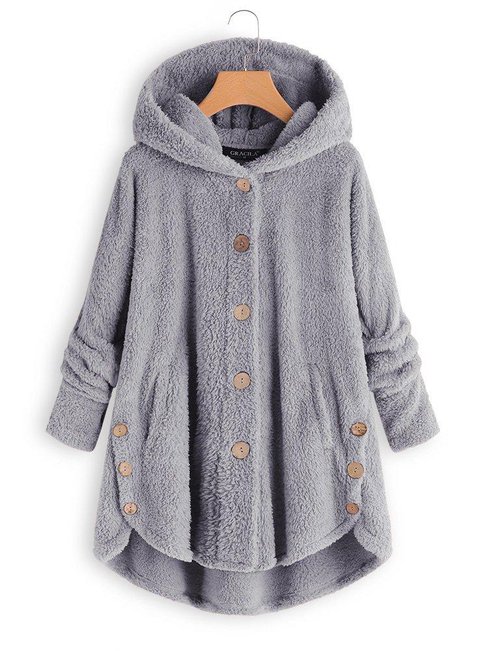 Hooded Loose Plain Dacron Button Coat (Style V101362)