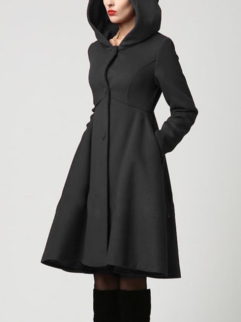 Hooded Long Elegant Polyester Button Coat (Style V101369)