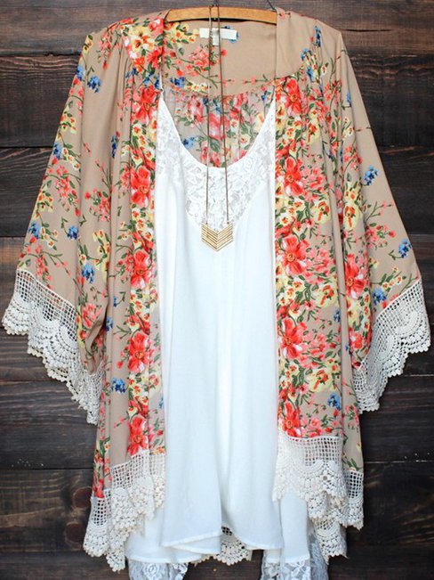 Round Neck Loose Beach Floral Pattern Coat (Style V101419)