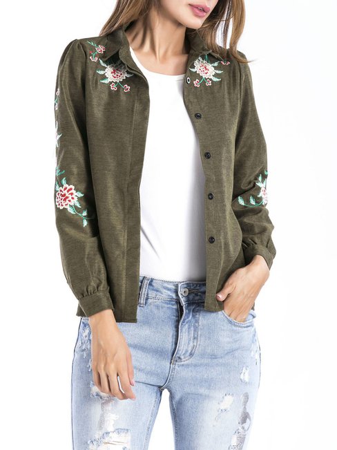 Shirt Collar Straight Fashion Floral Zipper Jacket (Style V101478)