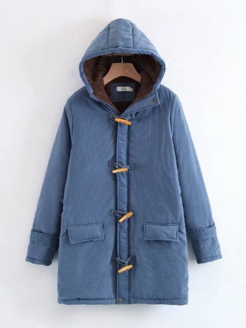 Hooded Loose Plain Cotton Blends Button Coat (Style V101481)