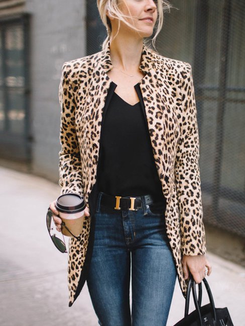 Shawl Collar Straight Elegant Leopard Pattern Coat (Style V101509)