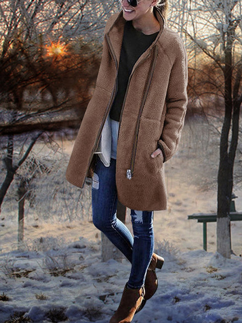 Stand Collar Loose Fashion Plain Pockets Coat (Style V101515)