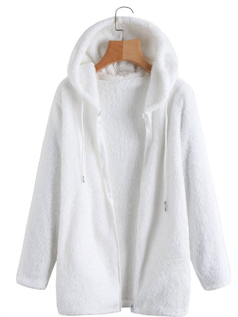 Hooded Long Loose Fauxfur Zipper Coat (Style V101553)