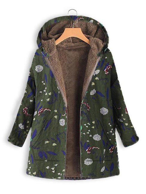 Hooded Long Floral Cotton Pattern Coat (Style V101554)