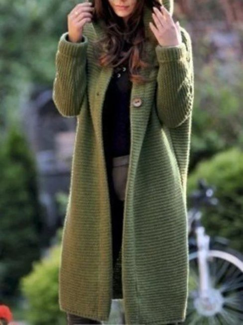 Hooded Loose Plain Knitted Button Coat (Style V101557)