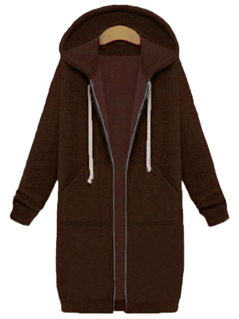 Hooded Long Elegant Plain Pockets Coat (Style V101559)