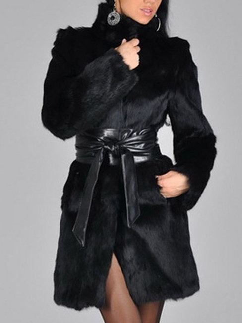 Stand Collar Slim Date Night Fauxfur Strappy Coat (Style V101714)