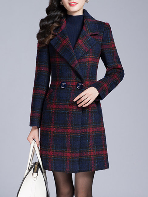 Red Shawl Collar Long Elegant Plaid Button Coat (Style V101716) - VEDACHIC