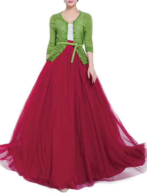 Maxi A-line Elegant Mesh Tulle Plain Skirt (Style V101748)