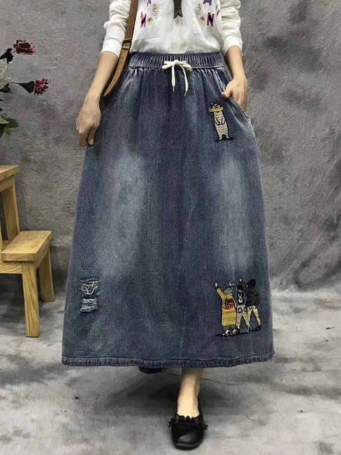 Ankle Length Straight Slow Life Denim Animal Skirt (Style V101750)