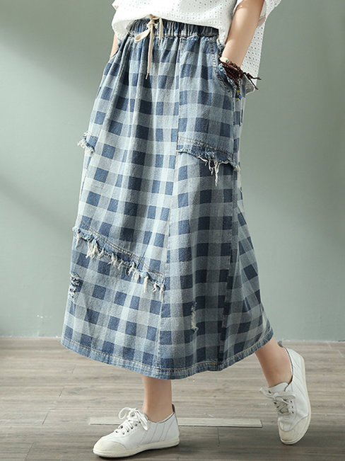 Ankle Length Loose Slow Life Pockets Plaid Skirt (Style V101756)