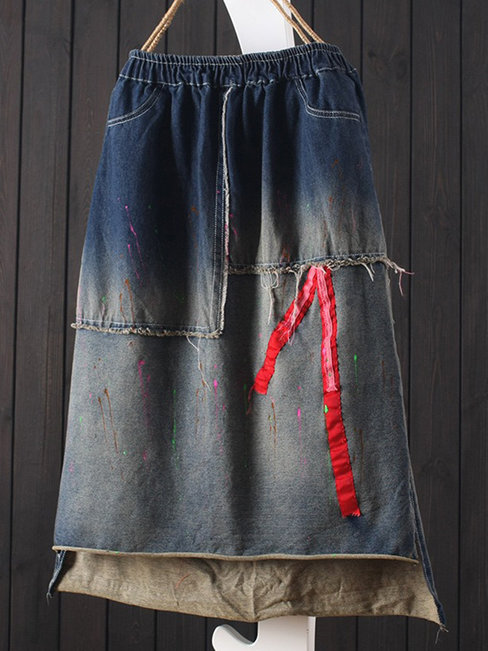 Ankle Length Loose Slow Life Patchwork Denim Skirt (Style V101765)