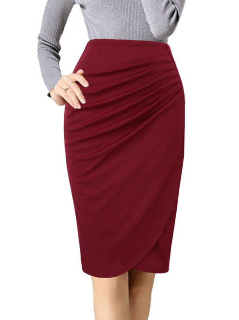 Dark Red Knee Length Pencil Office Patchwork Plain Skirt (Style V101786 ...