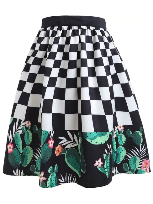 Knee Length A-line Slow Life Cotton Blends Plaid Skirt (Style V101802)