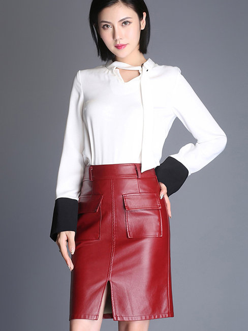 Knee Length Straight Cut Out Pu Leather Plain Skirt (Style V101920)