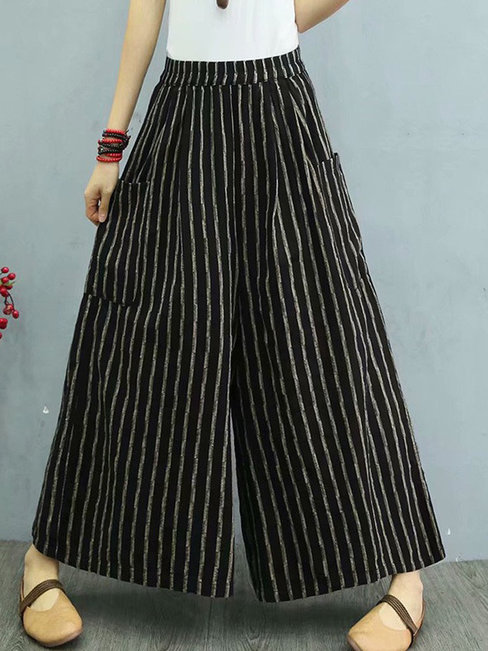 Ankle Length Slow Life Pockets Polyester Striped Pants (Style V102179)