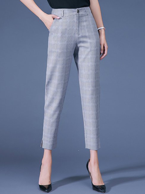 Slim Office Button Polyester Plaid Pants (Style V102252)
