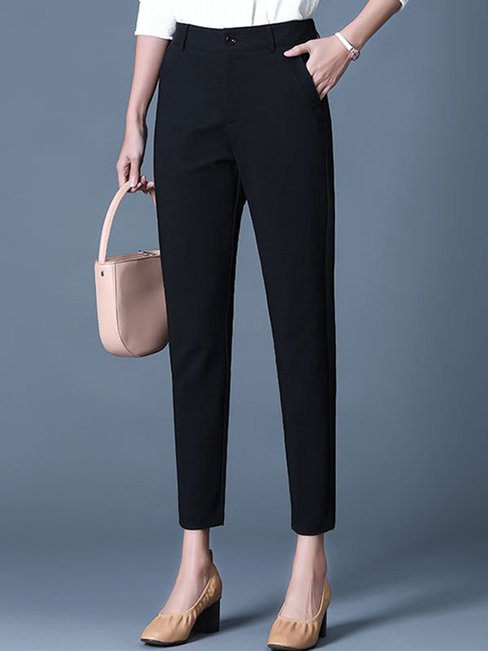 Slim Office Button Polyester Plain Pants (Style V102253)