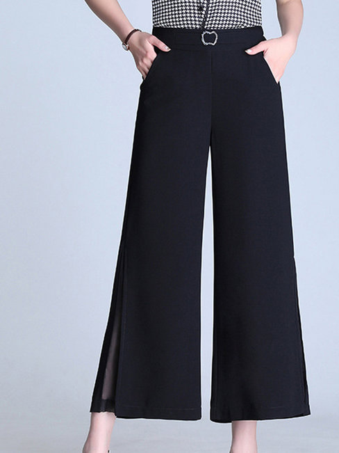 Loose Elegant Belt Polyester Plain Pants (Style V102261)