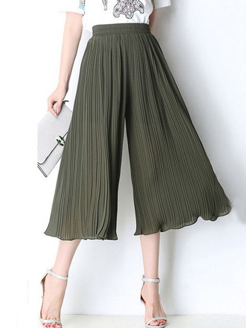 Mid-Calf Elegant Ruffle Polyester Plain Pants (Style V102271)