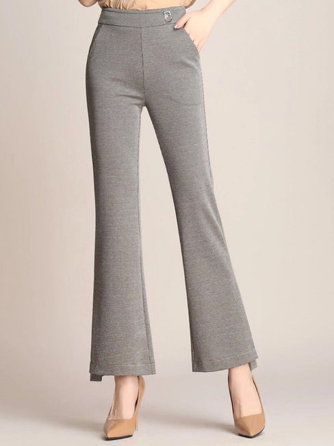 Slim Office Pockets Polyester Plain Pants (Style V102274)