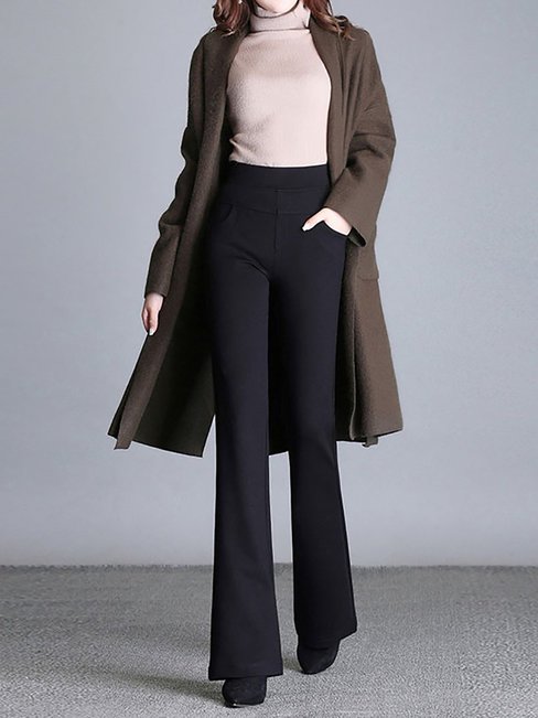 Straight Office Pockets Polyester Plain Pants (Style V102289)