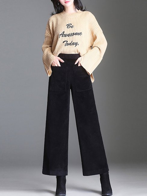 Ankle Length Loose Pockets Corduroy Plain Pants (Style V102294)