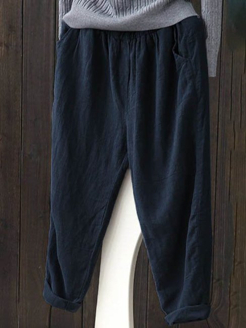 Mid-Calf Slow Life Pockets Linen Plain Pants (Style V102304)