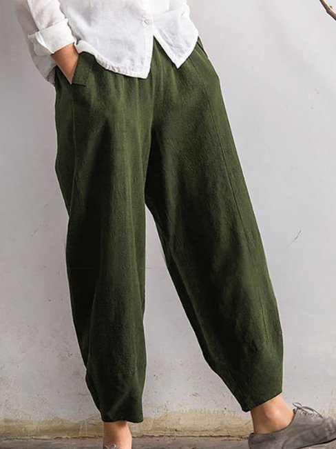 Loose Slow Life Pockets Linen Plain Pants (Style V102308)
