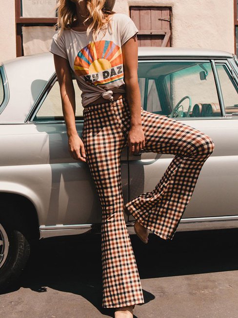 Maxi Elegant Pattern Polyester Plaid Pants (Style V102346)