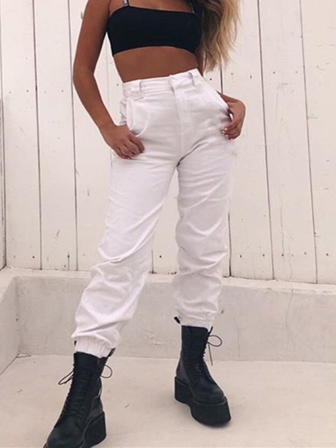 Ankle Length Fashion Button Cotton Blends Plain Pants (Style V102359)