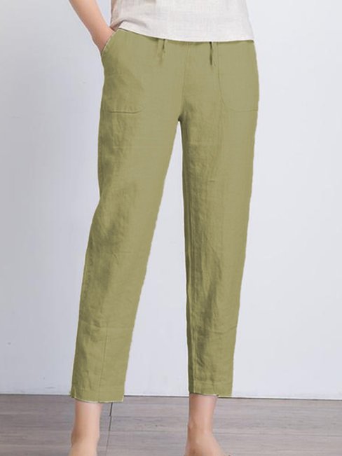 Ankle Length Slim Elegant Linen Plain Pants (Style V102386)