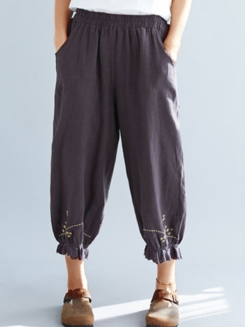 Maxi Slow Life Hollow Out Cotton Blends Plain Pants (Style V102389)