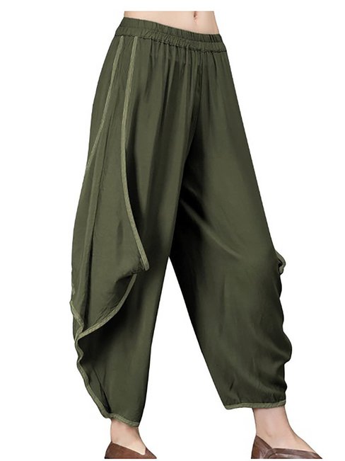 Ankle Length Loose Stringy Selvedge Cotton Plain Pants (Style V102392)