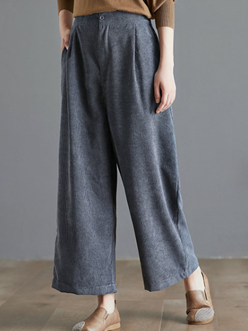Ankle Length Loose Slow Life Button Corduroy Pants (Style V102393)