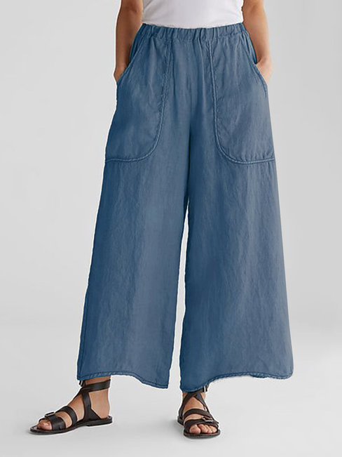Ankle Length Slow Life Pockets Linen Plain Pants (Style V102394)
