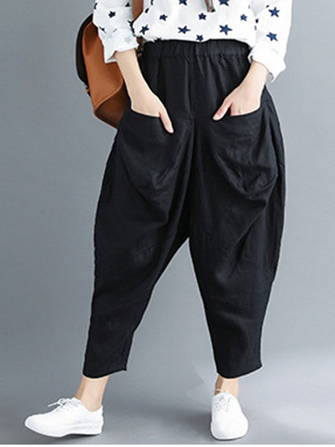 Ankle Length Fashion Pockets Linen Plain Pants (Style V102396)