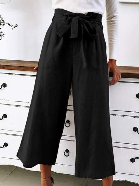 Loose Slow Life Belt Polyester Plain Pants (Style V102400)