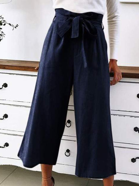 Loose Slow Life Belt Polyester Plain Pants (Style V102400)
