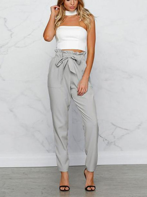 Ankle Length Slim Elegant Belt Polyester Pants (Style V102405)