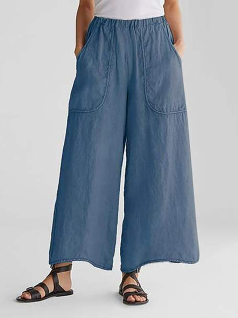 Ankle Length Loose Slow Life Linen Plain Pants (Style V102416)