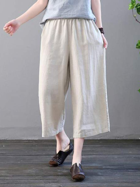 Ankle Length Loose Slow Life Pockets Polyester Pants (Style V102417)