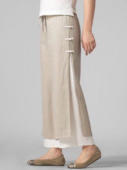 Loose Slow Life Strappy Linen Plain Pants (Style V102418)