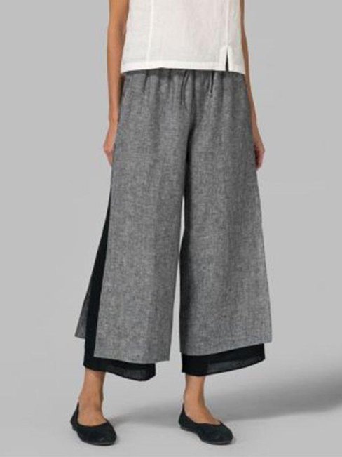 Ankle Length Slow Life Strappy Linen Plain Pants (Style V102420)