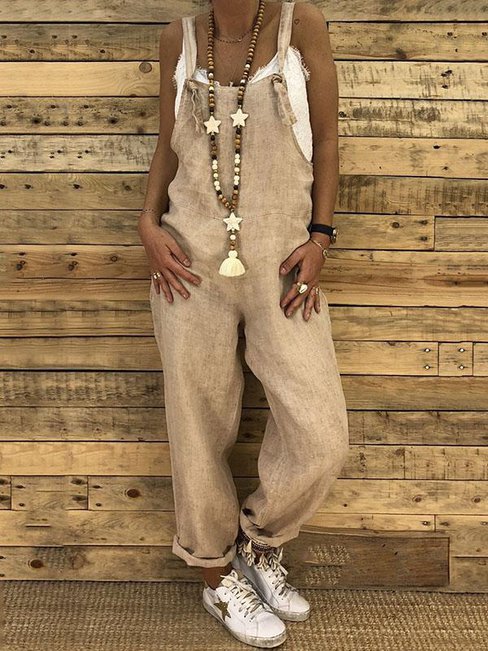 Ankle Length Loose Slow Life Strappy Linen Pants (Style V102432)