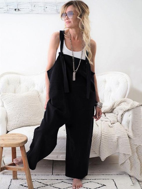Ankle Length Slow Life Strappy Polyester Plain Pants (Style V102435)