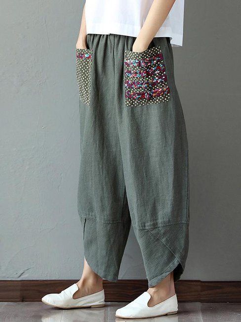 Ankle Length Loose Slow Life Pattern Cotton Pants (Style V102445)