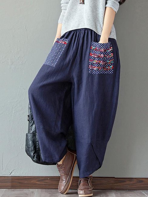 Ankle Length Loose Slow Life Pattern Cotton Pants (Style V102445)